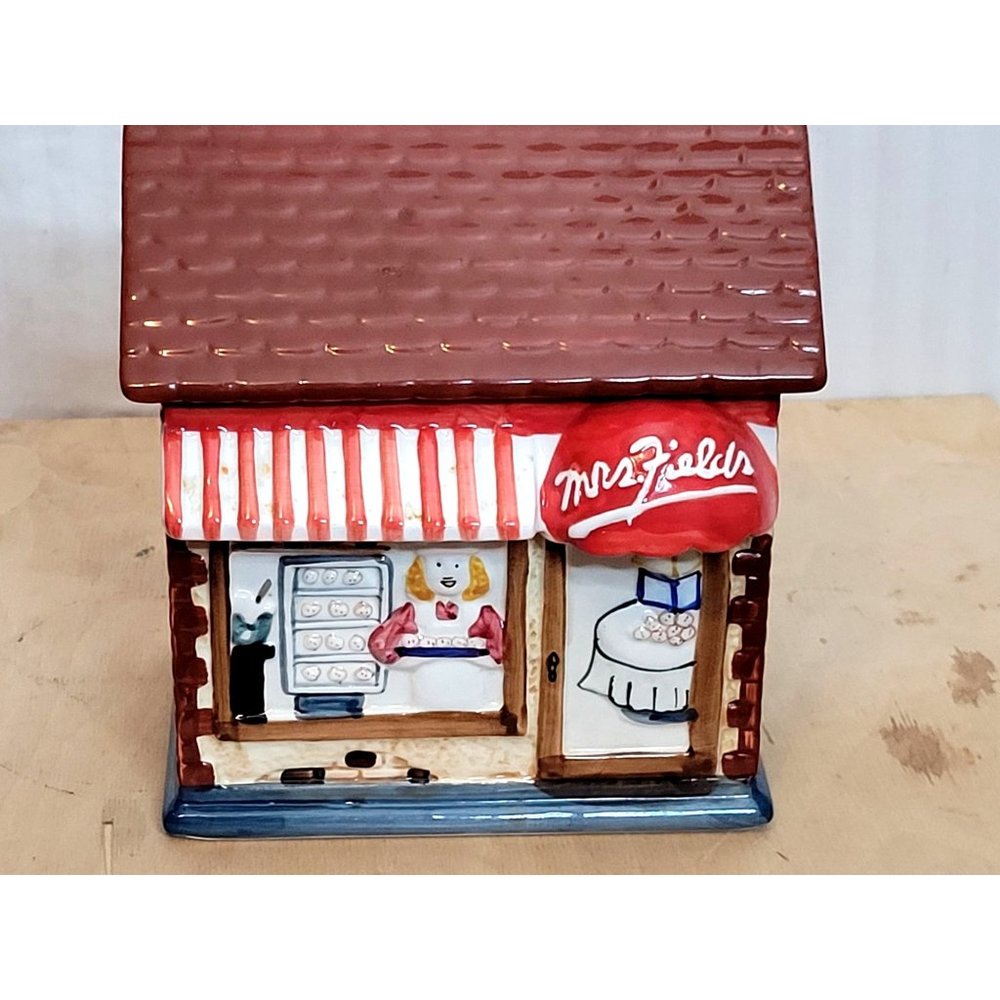 Vintage Mrs Fields Cookie Jar Storefront 3D Ceramic Rubber Seal on Lid 7.75x7x5